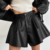 Aiertu Black Leather Shorts Women Autumn Winter Pleated High Waist Sexy Pu Shorts Casual Wide Leg Shorts Female Office Ladies aiertu