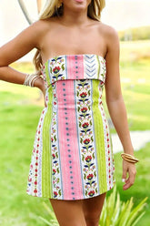 AIERTU - Boho Vintage Flower Striped Tube Top Mini Dress, Pink Lime Green Patchwork Print Bodycon Short Dress for Women Aiertu