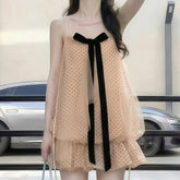 AIERTU - Summer New Sweet Temperament Princess Storm Point Hanging Neck Mesh Bow Fluffy Short Skirt for Women Aiertu