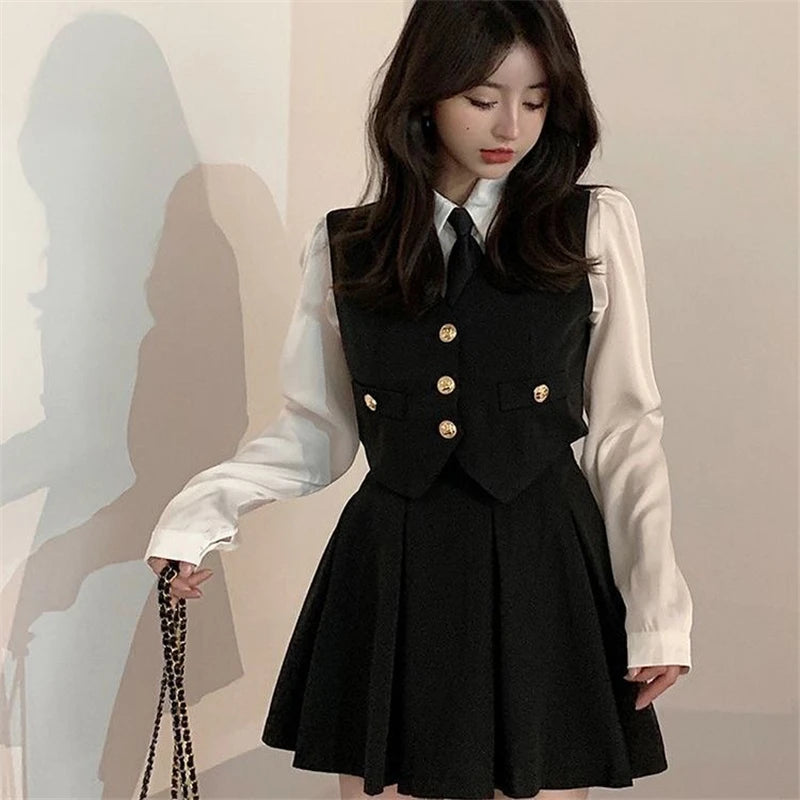Spring Autumn Preppy Style Tie Vest Black Suit Women's 4-Piece Set Korean American Hot Girls Online Celebrities JK Uniform Set Aiertu
