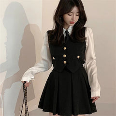 Spring Autumn Preppy Style Tie Vest Black Suit Women's 4-Piece Set Korean American Hot Girls Online Celebrities JK Uniform Set Aiertu