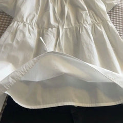 AIERTU - Summer New Style Lace Design Shirt White Short Sleeve Bubble Collar Slimming Doll Top Polyester Fabric 3D Effect Pure Color Aiertu