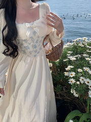Aiertu Floral Print Vintage Sweet Dress Women Lace Elegant Evening Party Midi Dresses Ladies Long Sleeve French Retro Dress Summer Aiertu