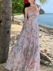 Aiertu Spaghetti Strap Elegant Women Summer Dress Sleeveless Casual Floral Print A-Line Beach Holiday Clothes Female Long Robe Aiertu