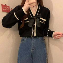 Aiertu Coquette Bow Cardigan Sweater Woman Elegant Knitted Tops Korean Fashion Sweet Cute Autumn Winter Long Sleeve Sweaters Aiertu