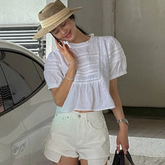 AIERTU - Korean Style Chic Short Sleeve Shirt Heavy Embellishment Lace Trimmed Lantern Sleeve Vintage Fashion Women's Shirt Summer Aiertu
