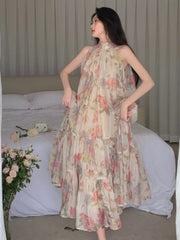 Aiertu Women Elegant Floral Print Maxi Dresses Summer New Fashion Sleeveless Loose Ruffle Y2k Dress Beach Birthday Party Robe Aiertu