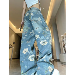 Aiertu Blue Womens Jeans High Waist Vintage Straight Y2K Summer Denim Pants Rose Streetwear American Wide Leg Baggy Denim Trouser Aiertu