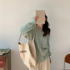 Solid Sweater Women Korean Fashion V Neck Knitted Pullovers Pink Long Sleeve Knitwear Winter Streetwear Casual Jumpers Tops New Aiertu