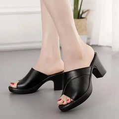 Women Summer New High-heeled Waterproof Platform Sandals Female Thick-heeled Slippers Bright Leather Solid Color Casual Shoes Aiertu
