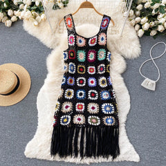 Aiertu Sunmmer Knitted Dress Hook Flower Hollow Out Tassel Women Slim Streetwear Original Design Fashion Vintage Dress Aiertu