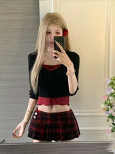 Aiertu Academy style color matching women's set short spicy two piece sets 2024 womens outifits low waisted plaid skirt sets Aiertu