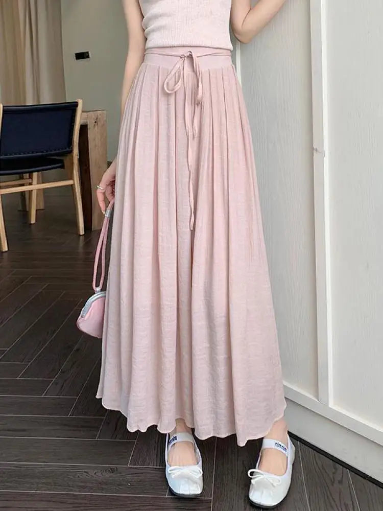Aiertu Women Elegant High Waist Maxi Lace Up Skirt Summer Ladies Casual Elastic Waist Pleated Long Skirts Fairy A-line Mid Length Aiertu