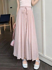 Aiertu Women Elegant High Waist Maxi Lace Up Skirt Summer Ladies Casual Elastic Waist Pleated Long Skirts Fairy A-line Mid Length Aiertu