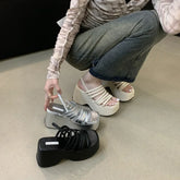 Aiertu Silver Wedge Sandals Women Platform Shoes Black Belt High Heels Gladiator Chunky Heeled Summer Wedges Aiertu