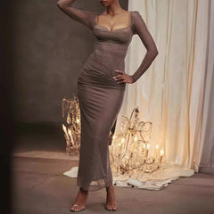 AIERTU - Spring Summer Fashion Long Sleeve Mesh Dress High End Slim Temperament Slit Long Dress Aiertu
