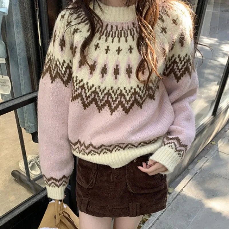 AIERTU - Pink Preppy Style Women Sweaters Print Korean Fashion Autumn Winter Pullovers Vintage Sweet Warm Thick Pull Femme Aiertu
