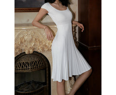 AIERTU - French U-neck Medium and Long Dress Women's Waist Slim Jacquard Design Temperament White Skirt Aiertu