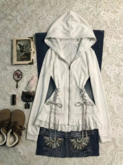 AIERTU - Aesthetic Hoodie Women Clothing Lace Sweet Cute White Bandage Korea Chic Zip Up Hoody Vintage 2000s Kawaii Sweatshirt Y2k Coats Aiertu