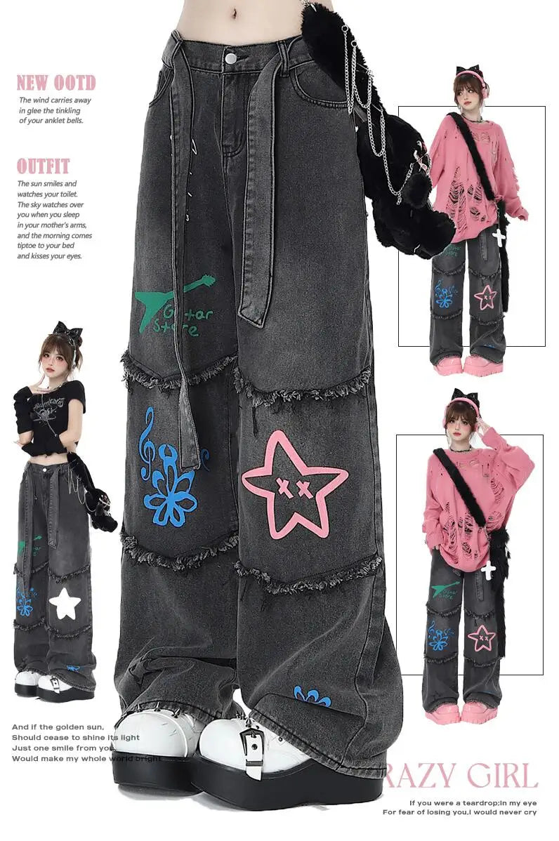 Aiertu American Vintage High Waist Straight Jeans Grunge Streetwear Tassels Print Pants Women's Casual Baggy Y2K Wide Leg Denim Trouser Aiertu