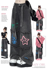 Aiertu American Vintage High Waist Straight Jeans Grunge Streetwear Tassels Print Pants Women's Casual Baggy Y2K Wide Leg Denim Trouser Aiertu