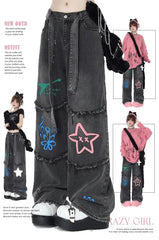 Aiertu American Vintage High Waist Straight Jeans Grunge Streetwear Tassels Print Pants Women's Casual Baggy Y2K Wide Leg Denim Trouser Aiertu