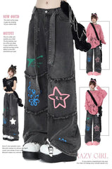 Aiertu American Vintage High Waist Straight Jeans Grunge Streetwear Tassels Print Pants Women's Casual Baggy Y2K Wide Leg Denim Trouser Aiertu