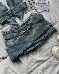 Y2K Light Blue Two Piece Sets Womens Outfits Gothic Vintage Denim Skirt Tops Sets Harajuku Sexy Slim Halter Tops Mini Hip Skirt Aiertu
