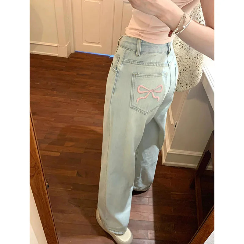 Aiertu Blue Jeans for Women High Quality High Waist American Wide Leg Pants Bow Embroidery Y2K Vintage Straight Summer Trousers 2024 Aiertu