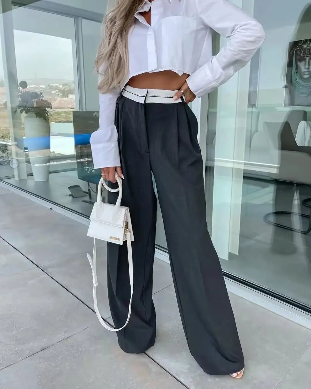 Aiertu Women Fashion Side Pockets Patchwork Straight Pants Vintage High Waist Zipper Fly Female Casual Trousers Mujer Aiertu