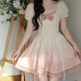 Aiertu Bubble Sleeve Kawaii Lolita Mini Dress Women Pink Bow Princess Sweet Party Cute Dress A-Line Elegant Fairy Dress 2024 Spring New Aiertu