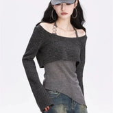 Y2k Off Shoulder Knitted Women T-shirts Set Sexy Korean Style Asymmetric Halter Tops Gyaru Crop Long Sleeve Autumn Tees Aiertu
