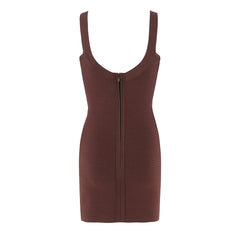 AIERTU - Elegant Women Coffee U Collar Knitted Mini Sling Dress Zipper Back Backless Package Hips Short Tank Dresses Skinny Robe Aiertu