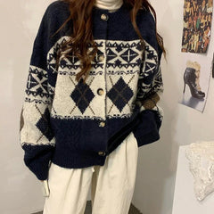Korean Patchwork Cardigan Sweaters Women Lazy Wind Vintage Argyle Long Sleeve Knitted Coat Casual O Neck Female Print Top Aiertu