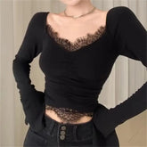 Aiertu FALL OUTFIT Korean Crop Top Autumn Women Aesthetic V-neck Lace Patchwork Solid Color Tops Sexy Skinny Casual Long Sleeve T-shirt aiertu