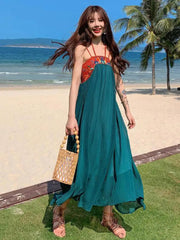 Aiertu High Waist A Line Summer Sexy Embroidered Chiffon Dress Spaghetti Strap Women Retro Long Dress Beach Party Casual Backless Boho Aiertu