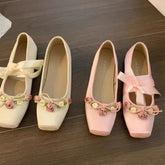 Aiertu NEW Classic Silk Ballet Shoes Lace Up Ballet Shoes Women Square Toe Bowtie and Rose Flower Women Flats Elegant Valentine Shoes Aiertu