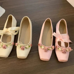 Aiertu NEW Classic Silk Ballet Shoes Lace Up Ballet Shoes Women Square Toe Bowtie and Rose Flower Women Flats Elegant Valentine Shoes Aiertu