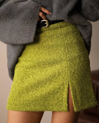 AIERTU - Women Knit Mini Skirt High Waist Front Split Bodycon Short Skirt Solid Green Slim Fit Pencil Skirt Fall Winter Bottoms Aiertu
