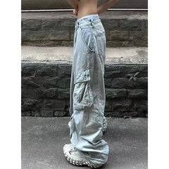 Aiertu Blue Women Jeans High Waist Vintage Straight Baggy Denim Pants Streetwear American Design Sense Fashion Wide Leg Denim Trouser Aiertu
