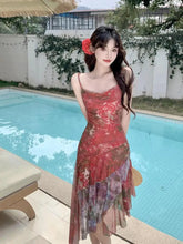 Retro Red Floral Irregular Spaghetti Straps Ruffles Midi Dress Summer Holiday Club Party Elegant Sleeveless Women Mesh Sundress Aiertu
