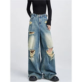 Aiertu Blue ripped jeans for women, summer American high street retro floor-length pants, loose high-waisted straight wide-leg pants Aiertu