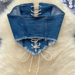 Aiertu Y2K Hotsweet Denim Strapless Summer Off the Shoulder Bandage Design Slim Zipper Short Tank American Retro Sexy Top Aiertu
