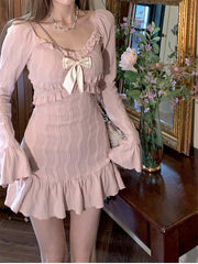 Aiertu Summer Pink Sweet Slim Y2k Mini Dress Woman French Elegant Flare Sleeve Dress Party Casual One Piece Dress Korean Fashion Aiertu