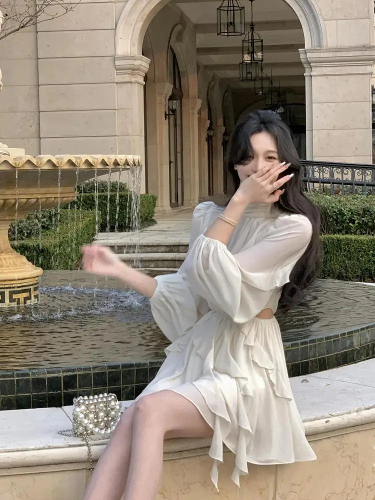 Aiertu Spring Apricot Kawaii Short Dress Women Korean Style Long Sleeve Mini Dresses Fairy Ruffles Turtleneck Evening Party Dress Boho Aiertu