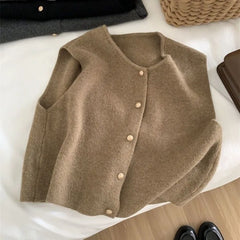 Spring Autumn Women's Solid Button V-Neck Sleeveless Sweater Knitted Cardigan Vest Coats Casual Fashion Office Lady Elegant Tops Aiertu