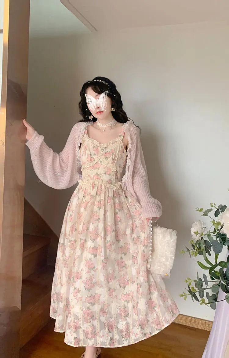 Aiertu Chiffon Lace Strap Dress Women Floral Embroidery Fairy Vintage Long Dress Female Sweet Princess Casual Party Dresses Summer Aiertu