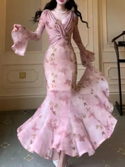 Aiertu Spring Summer Women Bodycon Slim Print Long Dress Vintage Chic Elegant Fishtail Party Birthday Prom Robe Female Vestidos New Aiertu