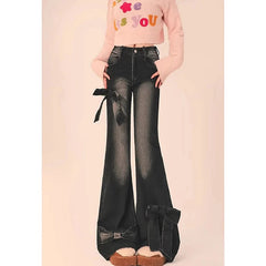 Aiertu Women's Black Gothic Bow Flare Jeans Harajuku Aesthetic Y2k Denim Trousers High Waist Cowboy Pants Vintage 2000s Trashy Clothes Aiertu