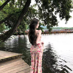 AIERTU - Summer New Pure Desire Gentle Floral Dress Slimming Bright Color Slant Cut Skirt High Waist Chiffon Material Zipper Closure